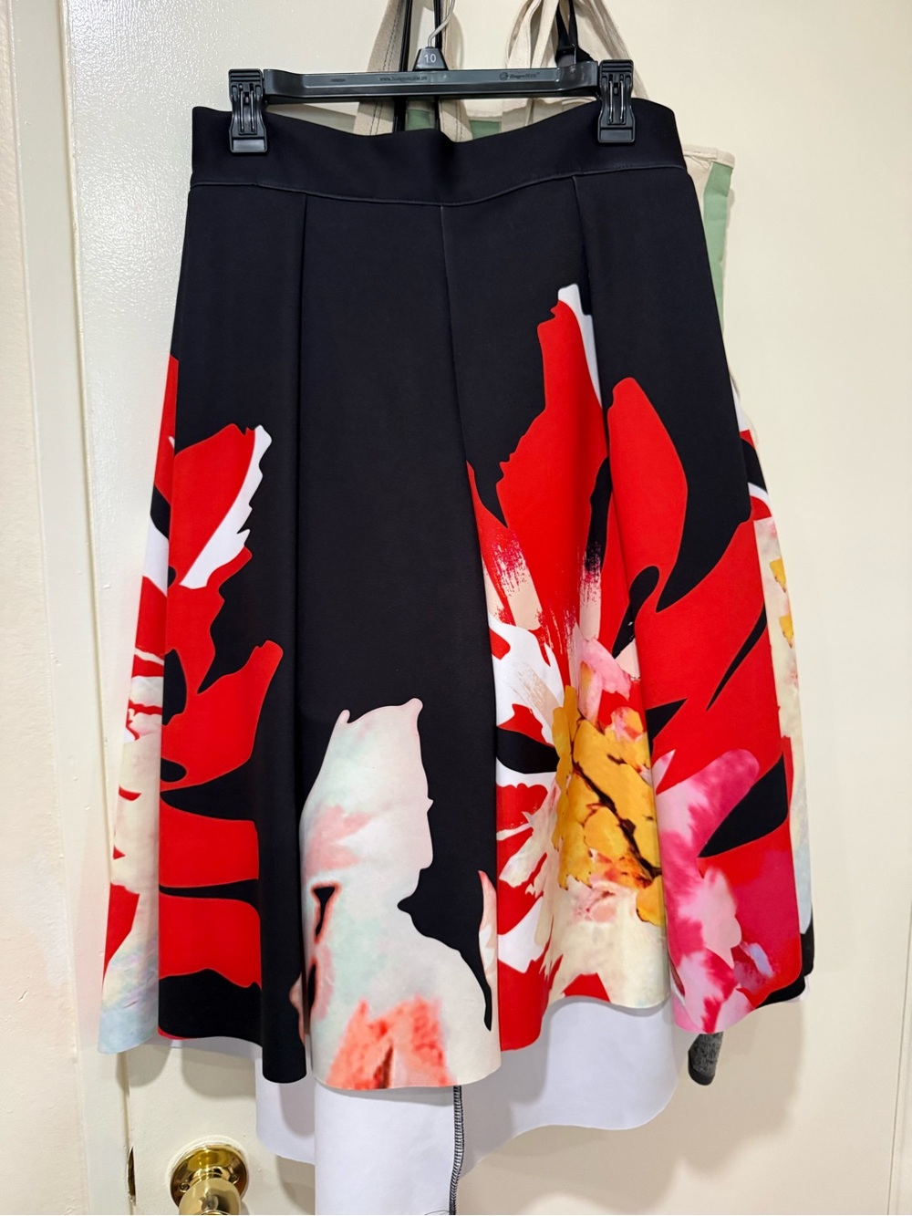 Black Floral A-Line Midi Skirt with Red & Yellow Bloom
